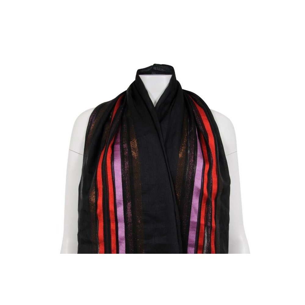 Gucci Women Striped Scarf Black Pink Red Brown Metallic Silk Cashmere Shawl Wrap - Picture 3 of 7